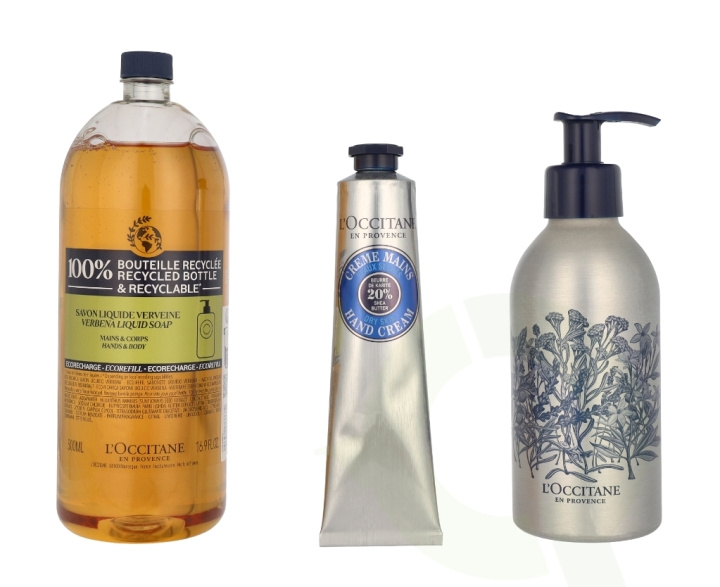 L\'Occitane Beautiful Hands Set 575 ml Eco Refill Shea Liquid Soap Verbena 500ml/Shea Hand Cream 75ml/Empty Forever Bottle ryhmässä KAUNEUS JA TERVEYS / Lahjapakkaukset / Naisten lahjapakkaukset @ TP E-commerce Nordic AB (C91974)