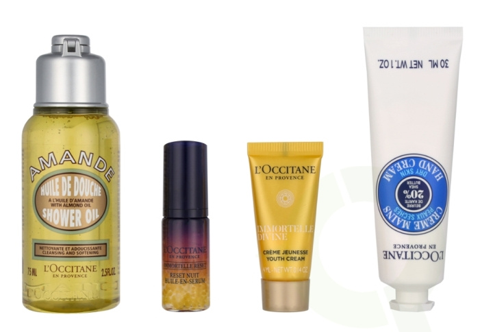 L\'Occitane Iconics L\'Occitane Set 114 ml Immortelle Nuit Huile-en-Serum 5ml/Immortelle Divine Cream 4ml/Almond Shower Oil 75ml/Shea Butter Dry Skin Hand Cream 30ml ryhmässä KAUNEUS JA TERVEYS / Lahjapakkaukset / Naisten lahjapakkaukset @ TP E-commerce Nordic AB (C91975)