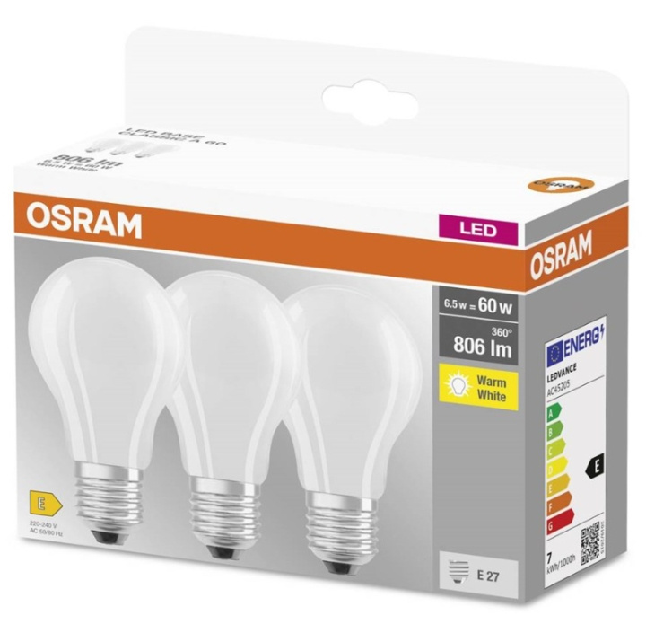 LEDVANCE OSRAM LED BASE standard matto 806lm 6,5W/827 (60W) E27 3-pakki ryhmässä KODINELEKTRONIIKKA / Valaistus / LED-lamput @ TP E-commerce Nordic AB (C92666)