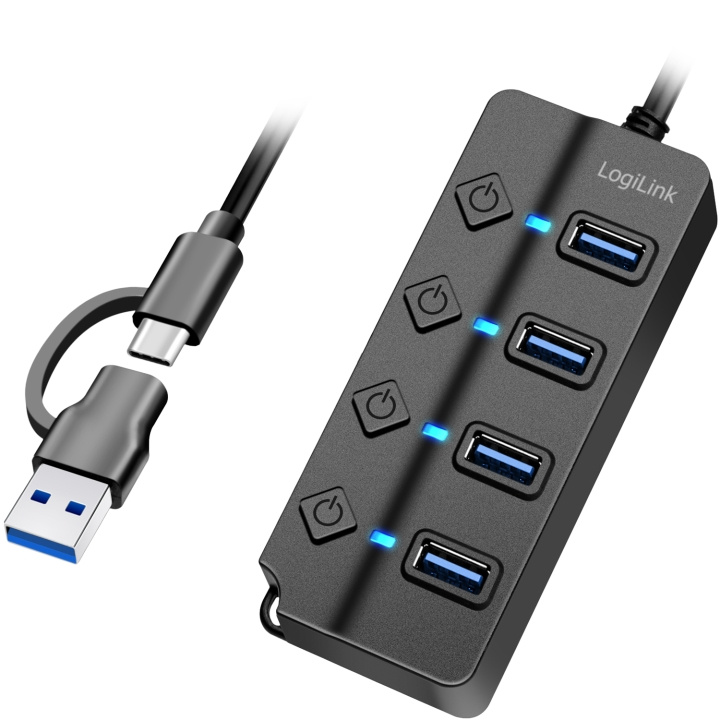 LogiLink USB-hub 4-port med separata På/Av-knappar USB-C/USB-A in USB 3.2 Gen1 ryhmässä TIETOKOONET & TARVIKKEET / Tietokonetarvikkeet / USB-telakat @ TP E-commerce Nordic AB (C93480)