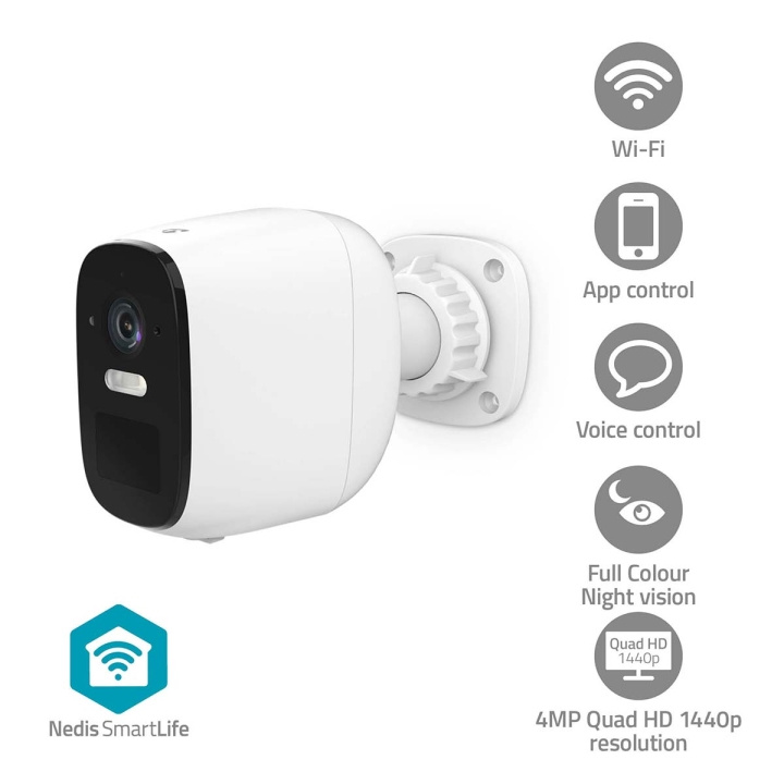 Nedis SmartLife Ulkokamera | Wi-Fi | Spotlight | 4MP Quad HD 1440p / 2560x1440 | Kääntö/kallistus | IP66 | Maks. akunkesto: 10 Kuukautta | MicroSD (ei sisälly) / Pilvipalvelutallennus (valinnainen) | 5 V DC | Liiketunnistimella | Yökuvaus | Valkoinen ryhmässä KOTI, TALOUS JA PUUTARHA / Hälytys ja turvallisuus / Valvontakamerat / Digitaalinen (verkko) / Ulkokamerat @ TP E-commerce Nordic AB (C94857)