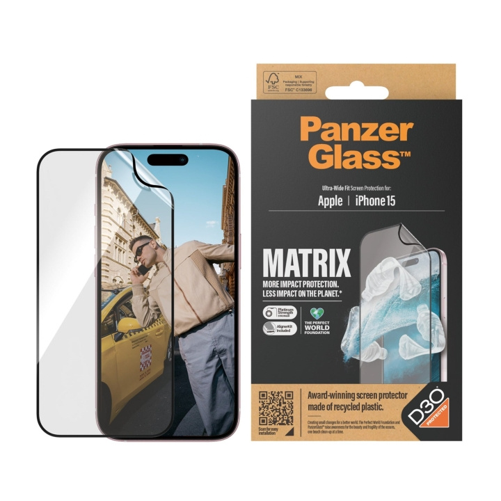 PanzerGlass ECO MATRIX -näytönsuoja D3O® iPhone 15 - Ultra-Wide Fit ja AlignerKit ryhmässä ÄLYPUHELIMET JA TABLETIT / Puhelimen suojakotelo / Apple / iPhone 15 @ TP E-commerce Nordic AB (D00790)