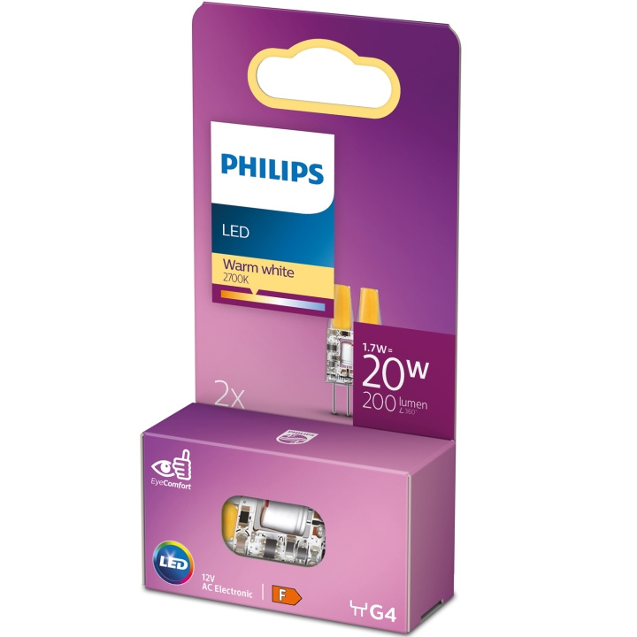 Philips LED G4 1,7W (20W) 12V Micro 200lm Dimbar Varmvit 2-pack ryhmässä KODINELEKTRONIIKKA / Valaistus / LED-lamput @ TP E-commerce Nordic AB (D05495)