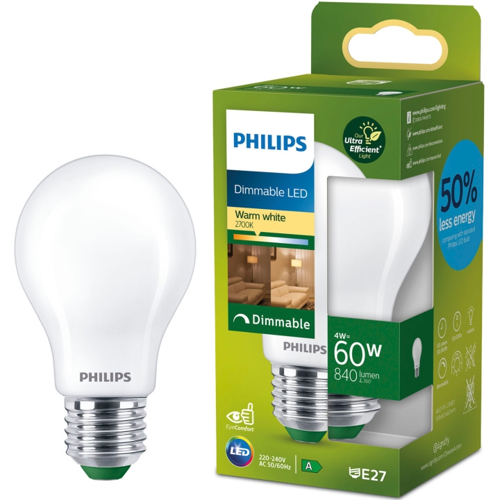 Philips LED E27 Normal A60 4W (60W) Frostad 840lm Dimbar 2700K Energiklass A ryhmässä KODINELEKTRONIIKKA / Valaistus / LED-lamput @ TP E-commerce Nordic AB (D05505)