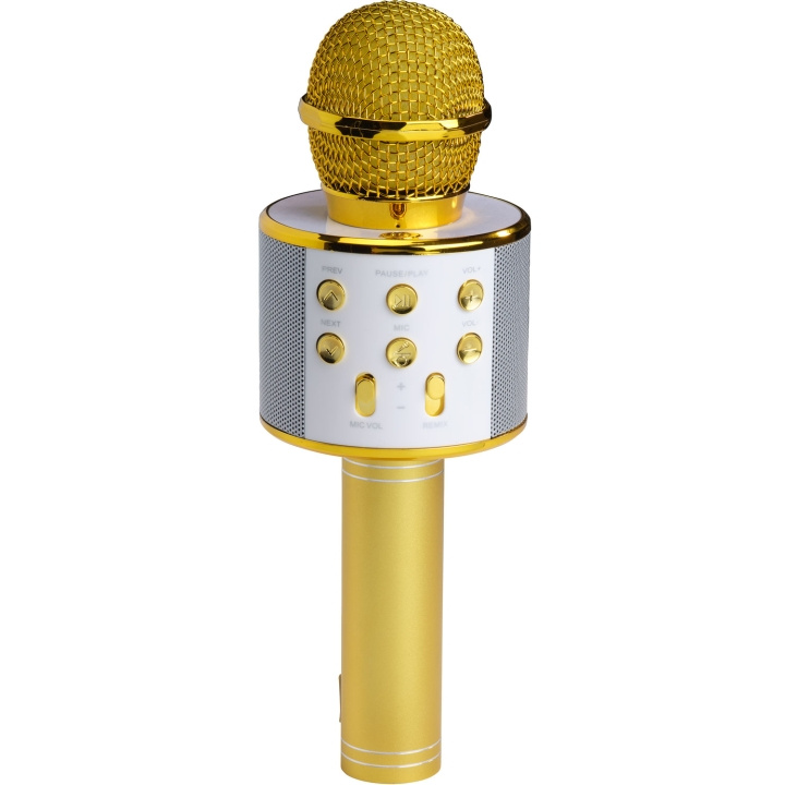 Denver Bluetooth Karaoke Microphone with built-in speaker. Gold colour ryhmässä KODINELEKTRONIIKKA / Ääni & Kuva / Kädessä pidettävät mikrofonit @ TP E-commerce Nordic AB (D09102)