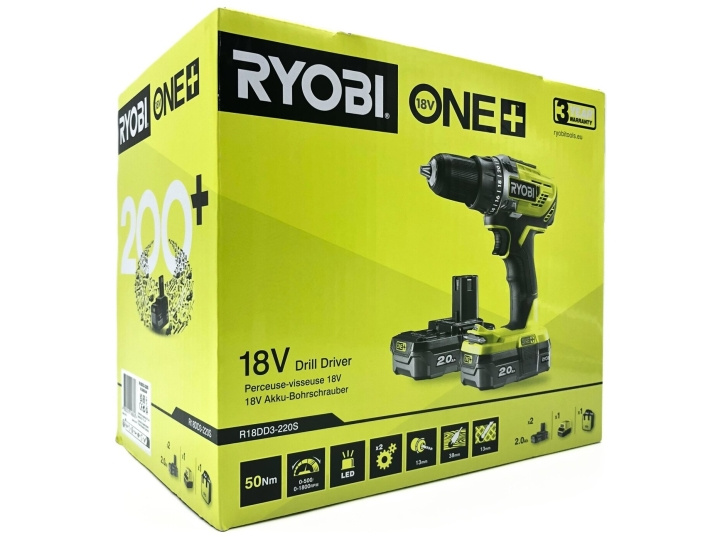 Ryobi One+ R18DD3-220S Drill/driver With battery 2 batteries included Keyless chuck ryhmässä KOTI, TALOUS JA PUUTARHA / Työkalut & Tee itse / Ruuvimeisselit @ TP E-commerce Nordic AB (D10327)