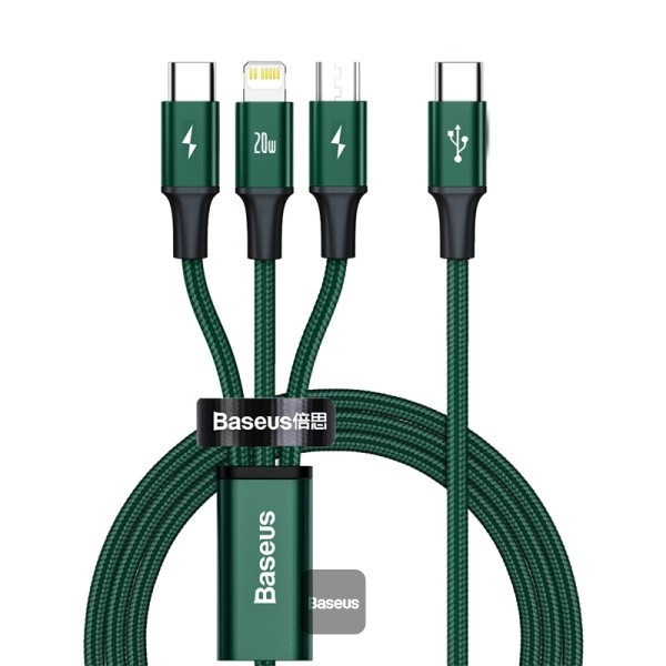 Baseus Rapid Series 3-in-1 USB-C salamalle/Micro/USB-C 1.5m vihreä ryhmässä TIETOKOONET & TARVIKKEET / Kaapelit & Sovittimet / USB / USB-C @ TP E-commerce Nordic AB (D10365)