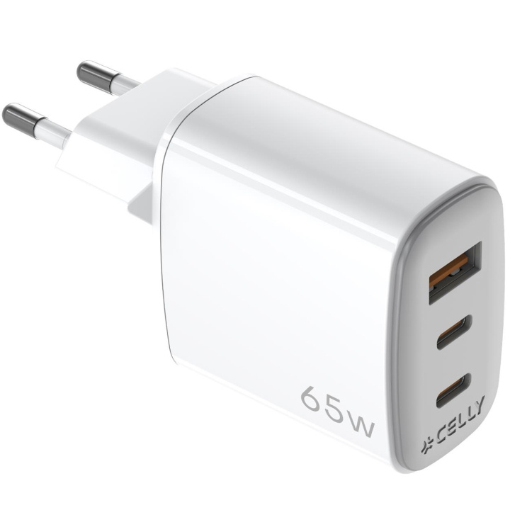 Celly USB-laddare GaN 1 x USB-A + 2 x USB-C PD 65W ryhmässä ÄLYPUHELIMET JA TABLETIT / Laturit & Kaapelit / Seinälaturi / Seinälaturi Type C @ TP E-commerce Nordic AB (D11523)