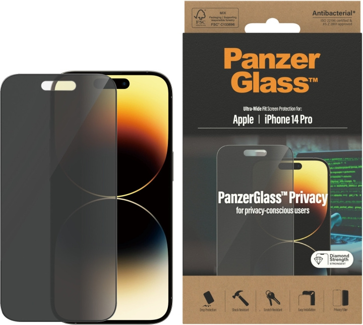 PanzerGlass Ultra Wide Fit Privacy -panssarilasi, iPhone 14 Pro, musta kehys ryhmässä ÄLYPUHELIMET JA TABLETIT / Puhelimen suojakotelo / Apple / iPhone 14 @ TP E-commerce Nordic AB (D13459)