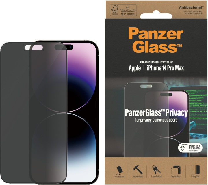 PanzerGlass Ultra Wide Fit Privacy -panssarilasi, iPhone 14 Pro Max, musta kehys ryhmässä ÄLYPUHELIMET JA TABLETIT / Puhelimen suojakotelo / Apple / iPhone 14 @ TP E-commerce Nordic AB (D13461)