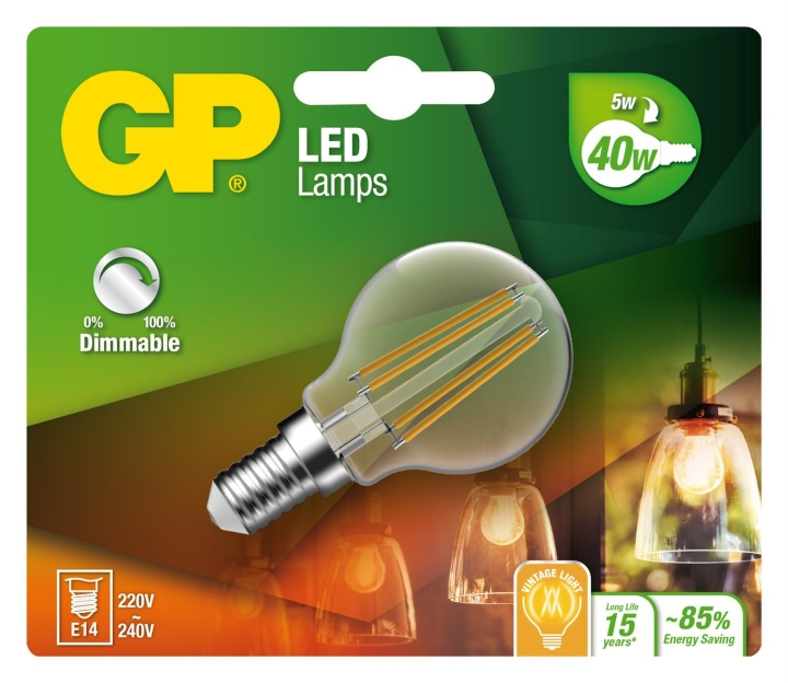 GP LED-lampun hehkulanka Mini Globe, E14, DIM, 5W (40W), 470lm ryhmässä KODINELEKTRONIIKKA / Valaistus / LED-lamput @ TP E-commerce Nordic AB (D14215)